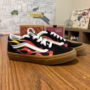 Vans Kids Flame Pattern Sneakers in Black, Red, Yellow with Gum Sole
